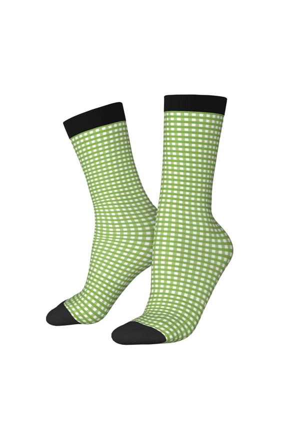 Green Gingham Print Contrast Color Mid-calf Socks, Sweat-wicking Athletic Socks, Unisex Clothing Accessories