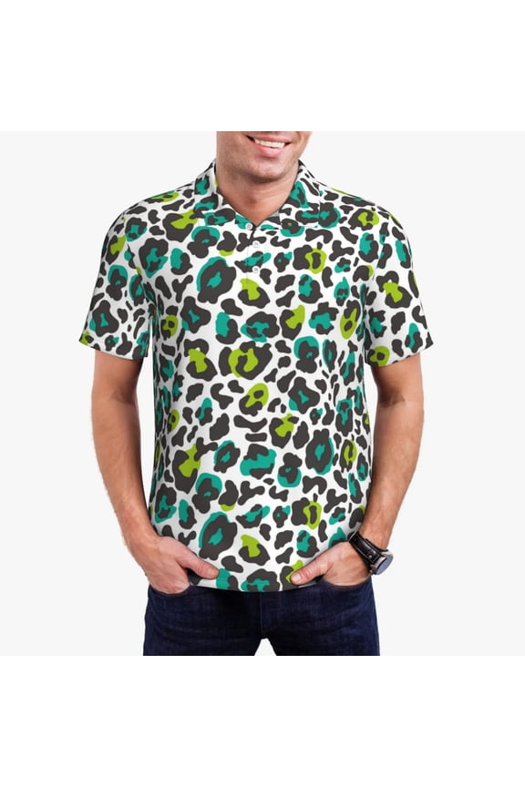 Green Leopard Print Men's Quick-drying POLO Shirt, Button-down Summer T-shirt, Suitable for Work and Outdoor Activities-XX-Large