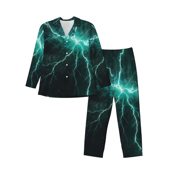 Gukieu Green Lightning Flash Print Men's Long-sleeved Pajamas Set, Elastic Waist Pajamas Button-down Pajamas Two-piece Set, Suitable for Adult Male Home Wear-X-Large