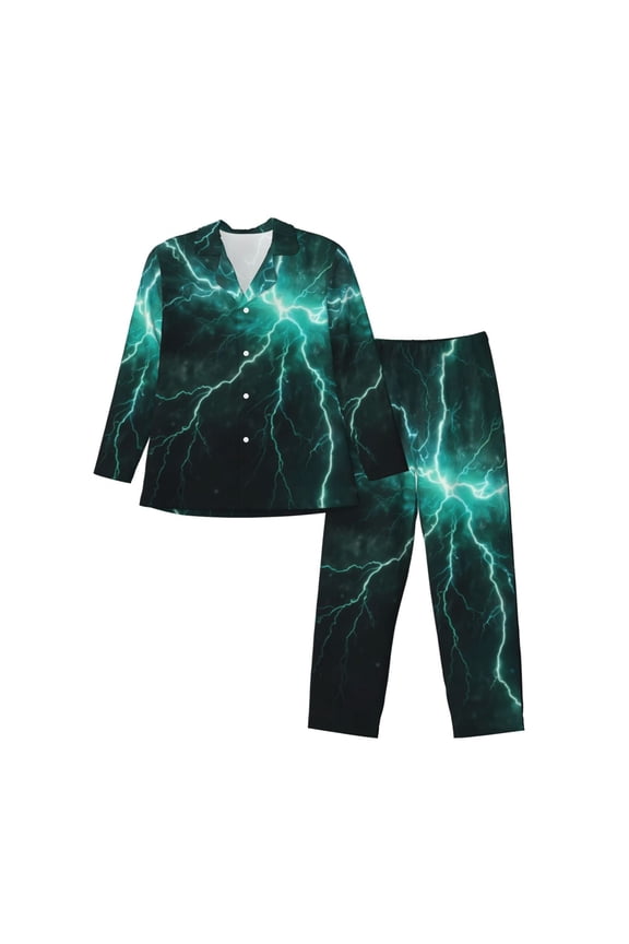 Green Lightning Flash Print Men's Long-sleeved Pajamas Set, Elastic Waist Pajamas Button-down Pajamas Two-piece Set, Suitable for Adult Male Home Wear-X-Large
