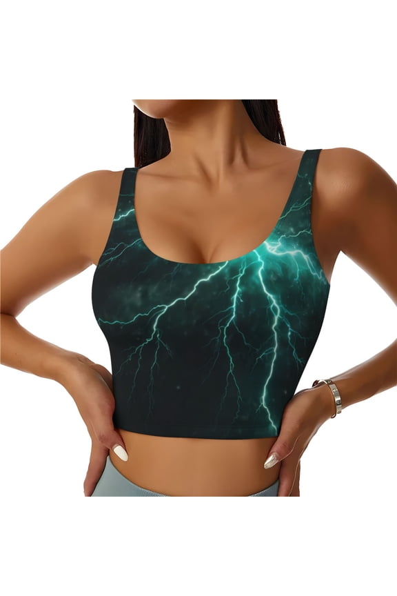 Green Lightning Flash Print Women's Sports Vest, Low-neck U-shaped Removable Pad Sports Bra for Yoga, Exercise, Dance-X-Large