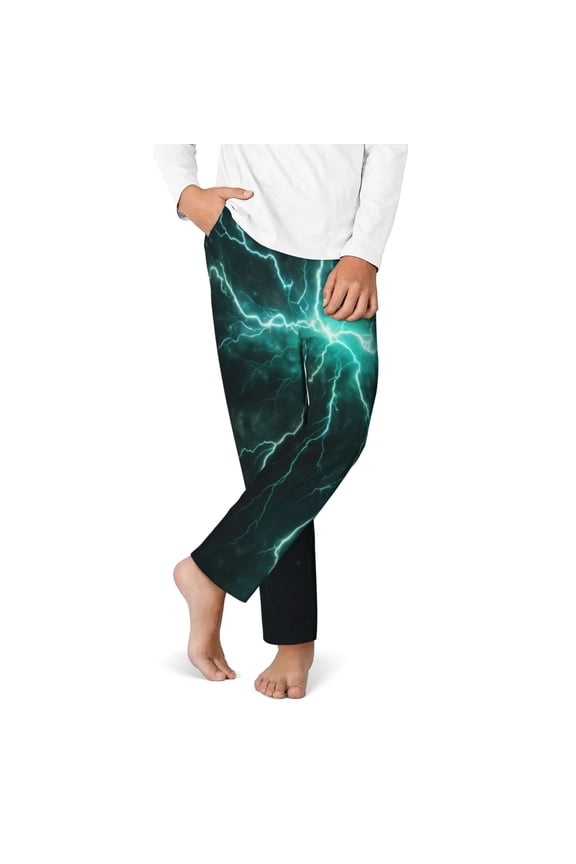 Green Lightning Flash Print Youth Home Trousers, Elastic Waistband with Pockets for Home and Outing, Suitable for Children Aged 5-16-Large