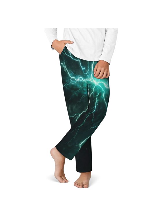 Green Lightning Flash Print Youth Home Trousers, Elastic Waistband with Pockets for Home and Outing, Suitable for Children Aged 5-16-Large
