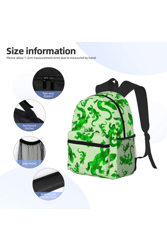 Green Lizard Print Backpack, Waterproof Backpack with Adjustable Shoulder Straps, Suitable for Campus, Business, Travel, Unisex
