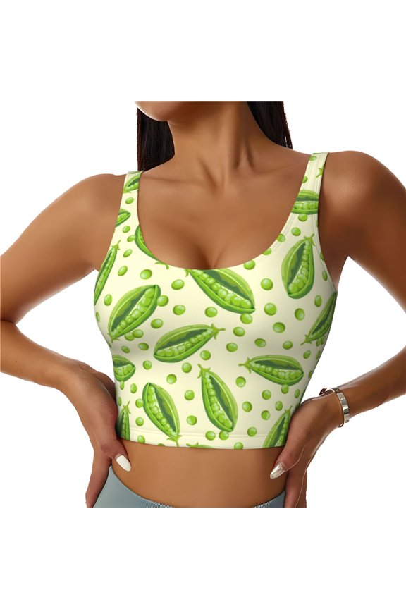 Green Peas Print Women's Sports Vest, Low-neck U-shaped Removable Pad Sports Bra for Yoga, Exercise, Dance-X-Large