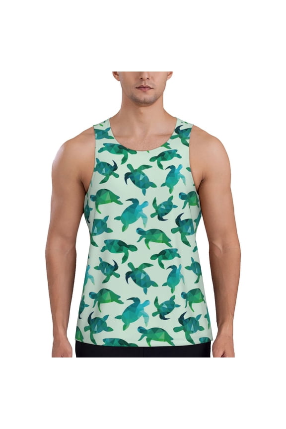 Green Sea Turtle Print Men's Quick Dry Fitness Vest, Round Neck Sleeveless Fitness Bodybuilding Top-X-Large