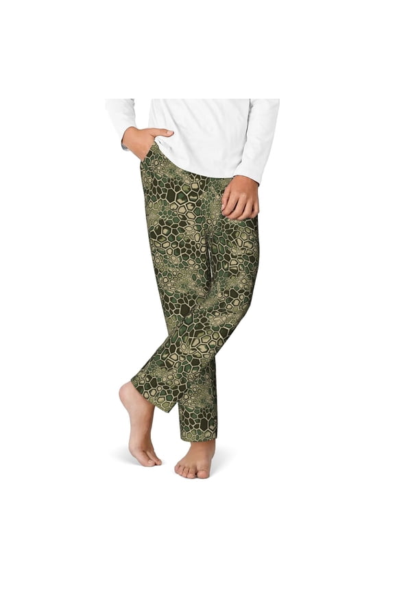 Green Snake Skin Print Youth Home Trousers, Elastic Waistband with Pockets for Home and Outing, Suitable for Children Aged 5-16-Large