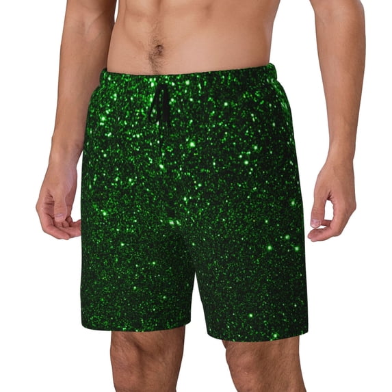 Gukieu Green Sparkling Print Men's Double Layer Sports Swim Trunks, Quick Dry Adjustable Waist Swim Shorts Swimwear-3X-Large