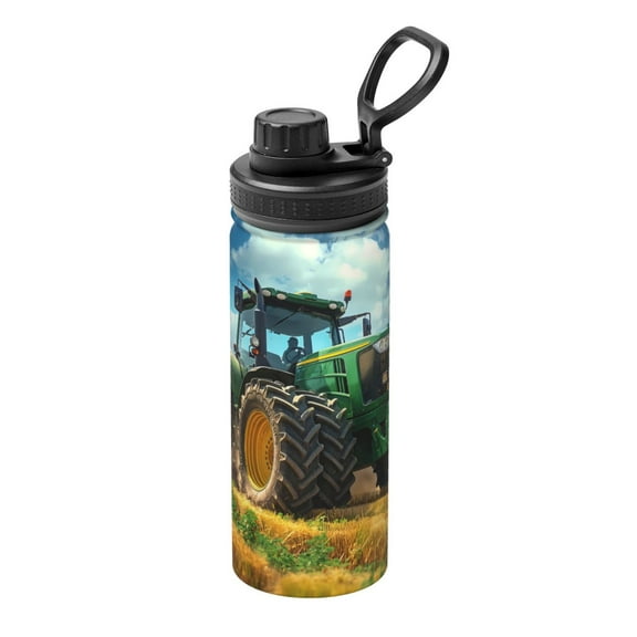 Gukieu Green Tractor Field Print 18OZ Portable Sports Water Bottle, Stainless Steel Insulated Water Cup for Men and Women, Suitable for Gym, Travel, Camping