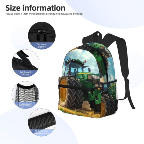 Gukieu Green Tractor Field Print Backpack, Waterproof Backpack with Adjustable Shoulder Straps, Suitable for Campus, Business, Travel, Unisex