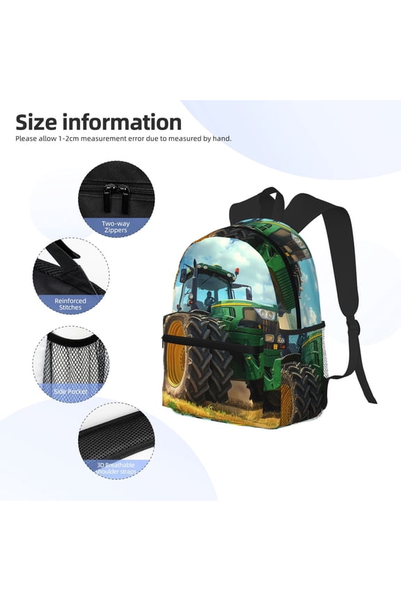 Green Tractor Field Print Backpack, Waterproof Backpack with Adjustable Shoulder Straps, Suitable for Campus, Business, Travel, Unisex
