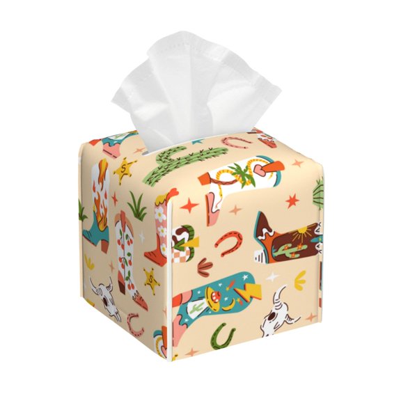 Gukieu Groovy American Western Footwear Print Leather Tissue Box, PVC Waterproof Velcro Opening and Closing Square Tissue Box Holder, Suitable for Home and Office Decoration