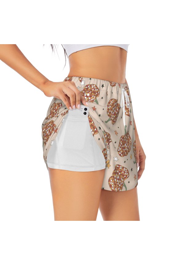 Groovy Disco Pumpkin Print Women's Sports Shorts with Drawstring Elastic Waistband for Running, Yoga, Fitness-Large