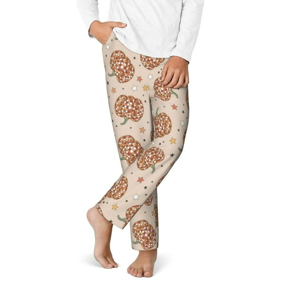 Gukieu Groovy Disco Pumpkin Print Youth Home Trousers, Elastic Waistband with Pockets for Home and Outing, Suitable for Children Aged 5-16-XS(5-6)
