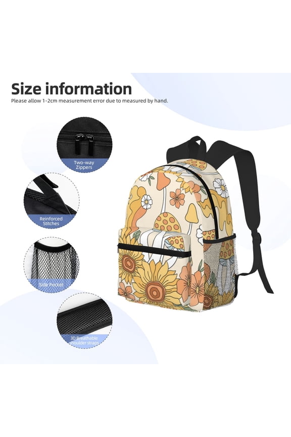 Groovy Hippie Flower Mushrooms Print Backpack, Waterproof Backpack with Adjustable Shoulder Straps, Suitable for Campus, Business, Travel, Unisex