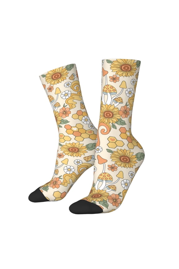 Groovy Hippie Flower Mushrooms Print Contrast Color Mid-calf Socks, Sweat-wicking Athletic Socks, Unisex Clothing Accessories