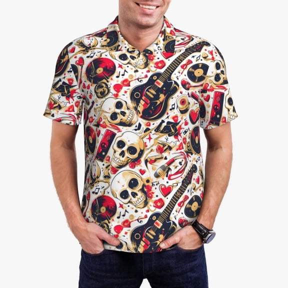 Gukieu Guitar Skull rock Print Men's Quick-drying POLO Shirt, Button-down Summer T-shirt, Suitable for Work and Outdoor Activities-Small