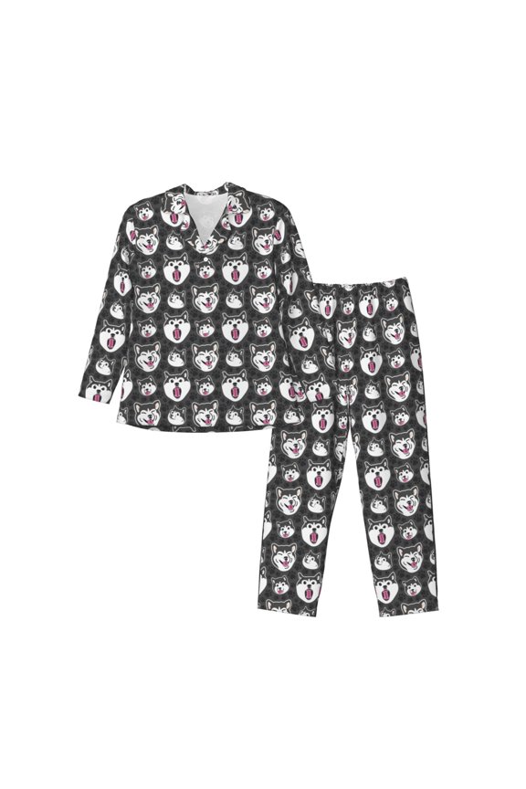 Husky Print Men's Long-sleeved Pajamas Set, Elastic Waist Pajamas Button-down Pajamas Two-piece Set, Suitable for Adult Male Home Wear-Large