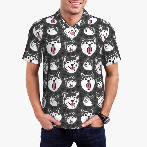 Gukieu HUSKY Face Print Men's Quick-drying POLO Shirt, Button-down Summer T-shirt, Suitable for Work and Outdoor Activities-Small