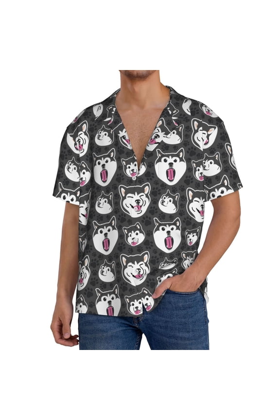HUSKY Face Print Men's Short-sleeved Shirts, Button-down Pocket Shirts, T-shirts, Beach Vacation Travel Summer Clothing-Medium
