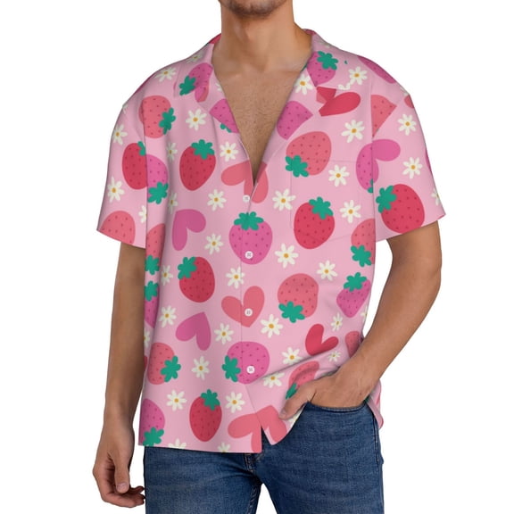 Gukieu Haear Strawberry Print Men's Short-sleeved Shirts, Button-down Pocket Shirts, T-shirts, Beach Vacation Travel Summer Clothing-Small