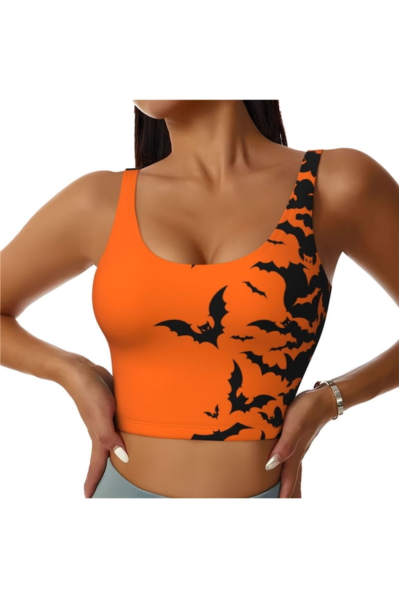 Halloween Bats Print Women's Sports Vest, Low-neck U-shaped Removable Pad Sports Bra for Yoga, Exercise, Dance-Medium