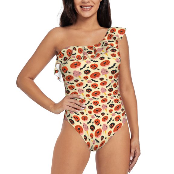 Gukieu Halloween Donut Print One-shoulder Ruffled One-piece Swimsuit with Removable Chest Pads and Tummy-control Swimsuit for Women-Medium