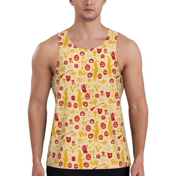 Gukieu Halloween Elements Print Men's Quick Dry Fitness Vest, Round Neck Sleeveless Fitness Bodybuilding Top-X-Large