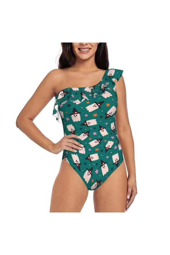 Halloween Ghosts Print One-shoulder Ruffled One-piece Swimsuit with Removable Chest Pads and Tummy-control Swimsuit for Women-Large