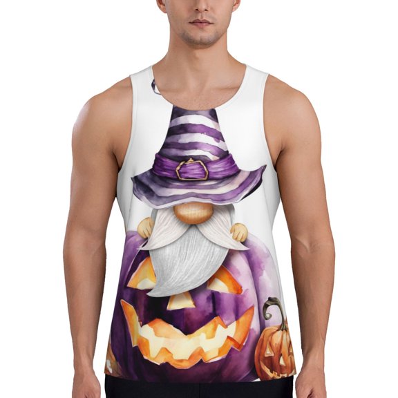 Gukieu Halloween Gnome With Pumpkins Print Men's Quick Dry Fitness Vest, Round Neck Sleeveless Fitness Bodybuilding Top-3X-Large