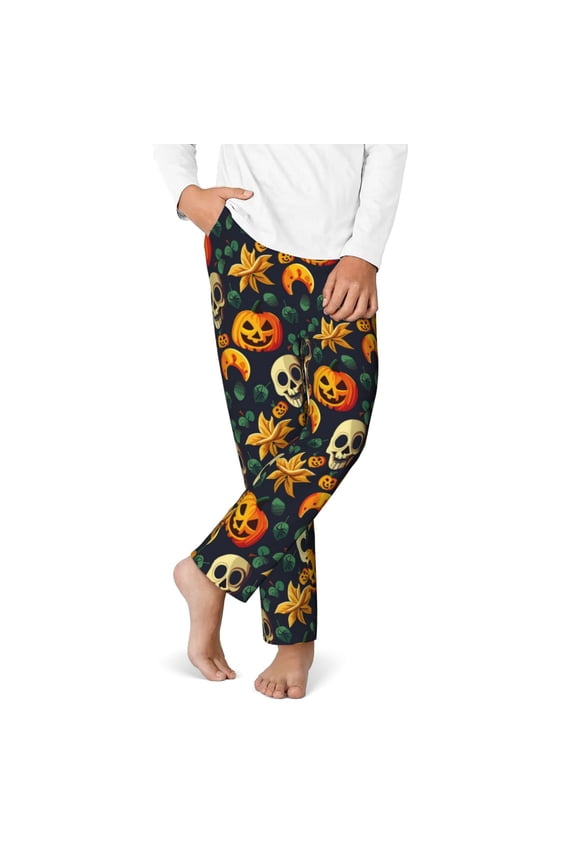 Halloween Skull Print Youth Home Trousers, Elastic Waistband with Pockets for Home and Outing, Suitable for Children Aged 5-16-Medium