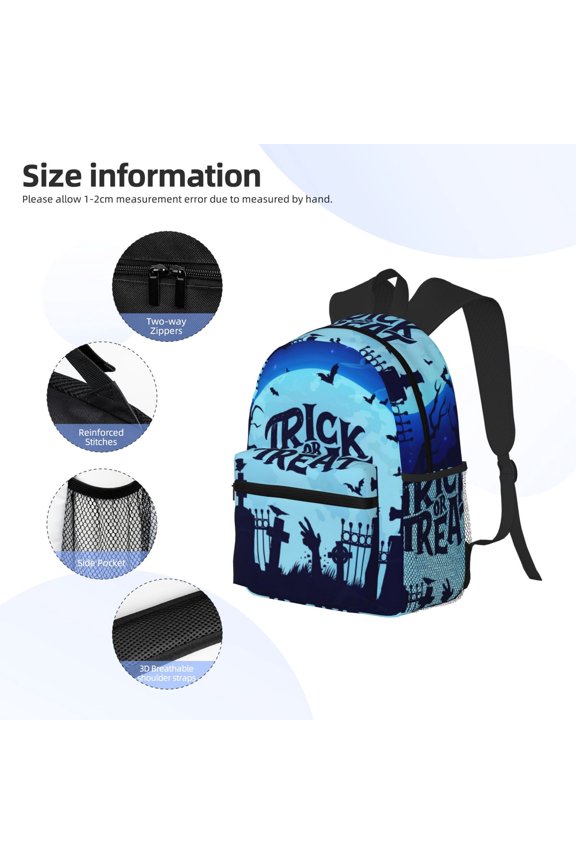 Halloween Trick Or Treat Print Backpack, Waterproof Backpack with Adjustable Shoulder Straps, Suitable for Campus, Business, Travel, Unisex