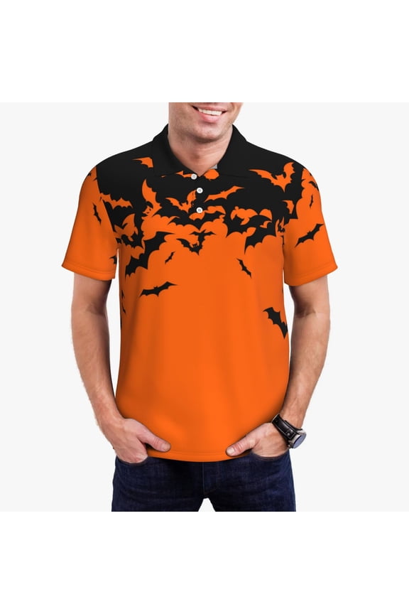 Halloween With Black Bats Print Men's Quick-drying POLO Shirt, Button-down Summer T-shirt, Suitable for Work and Outdoor Activities-X-Large