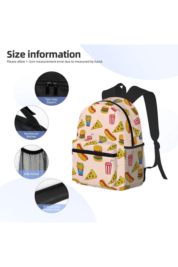 Hamburger Pizza Coke Print Backpack, Waterproof Backpack with Adjustable Shoulder Straps, Suitable for Campus, Business, Travel, Unisex