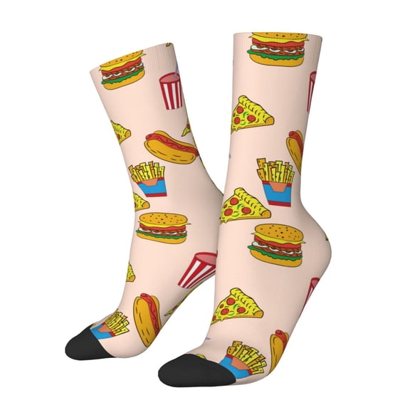 Gukieu Hamburger Pizza Coke Print Contrast Color Mid-calf Socks, Sweat-wicking Athletic Socks, Unisex Clothing Accessories