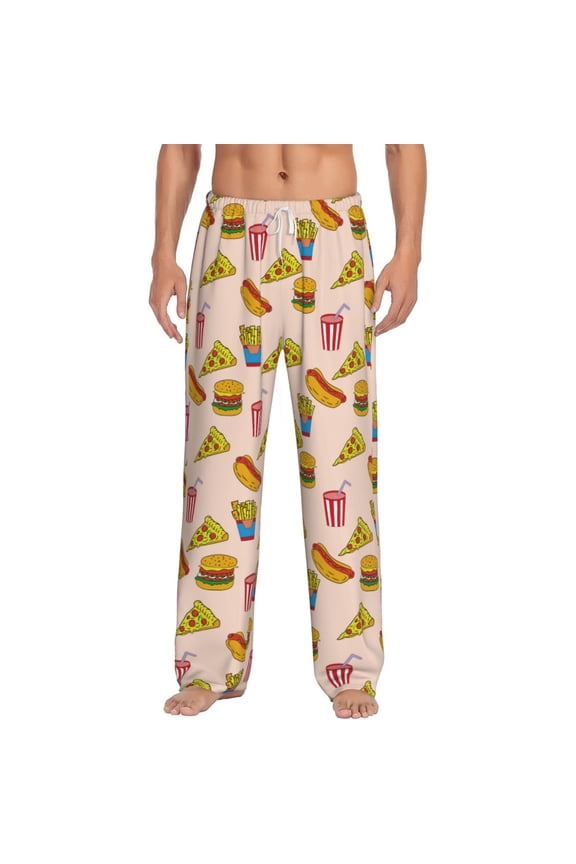 Hamburger Pizza Coke Print Men's Home Trousers, Elastic Drawstring Home Pajamas Clothing Suitable for Adult Men-3X-Large