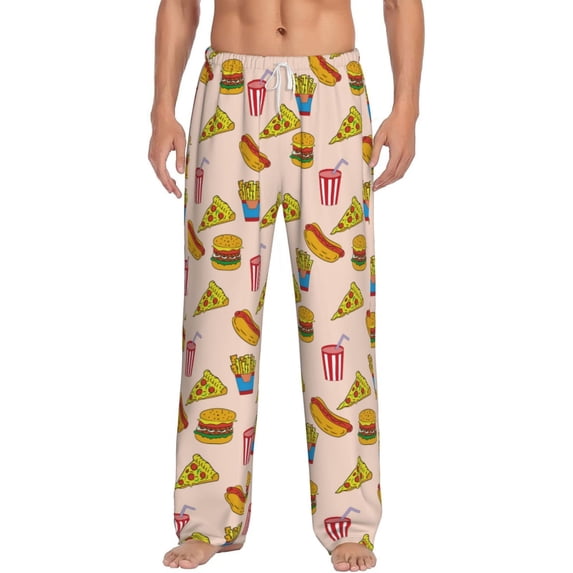 Gukieu Hamburger Pizza Coke Print Men's Home Trousers, Elastic Drawstring Home Pajamas Clothing Suitable for Adult Men-X-Large