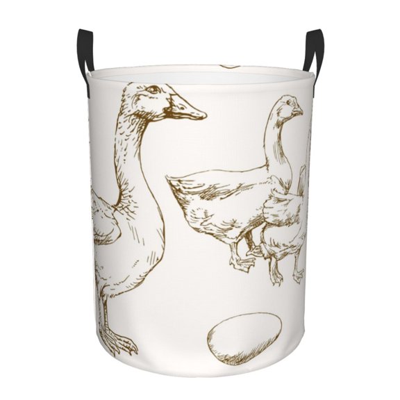 Gukieu Hand Drawn Goose Print Round Dirty Clothes Bag, Waterproof Standing Home Bathroom Storage Basket Car Trunk Storage Bag-Small