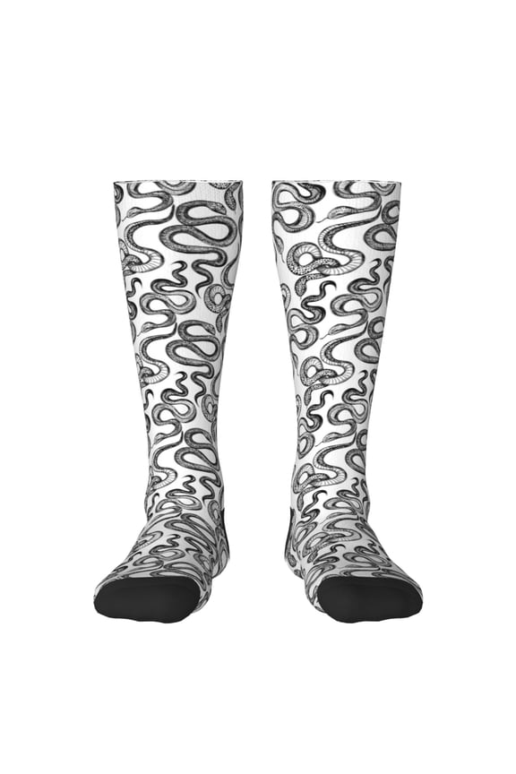 Hand Drawn Snake Print Contrast Color Stockings, Elastic Sports Socks Warm Socks Clothing Accessories, Adult Unisex