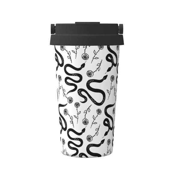 Gukieu Hand Drawn Snake Print Insulated Coffee Cup, Portable Stainless Steel Vacuum Cup with Lid, Unisex, Suitable for Office, Cafe, Car