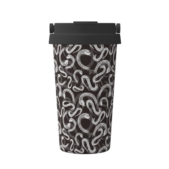 Gukieu Hand Drawn Snake Print Insulated Coffee Cup, Portable Stainless Steel Vacuum Cup with Lid, Unisex, Suitable for Office, Cafe, Car