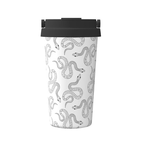 Gukieu Hand Drawn Snake Print Insulated Coffee Cup, Portable Stainless Steel Vacuum Cup with Lid, Unisex, Suitable for Office, Cafe, Car