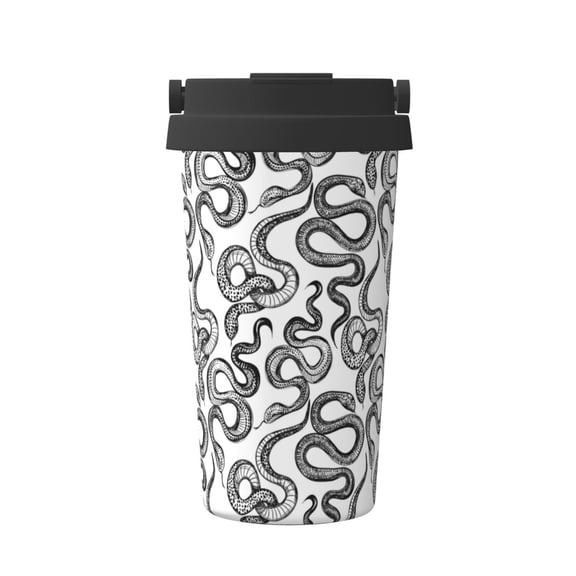 Gukieu Hand Drawn Snake Print Insulated Coffee Cup, Portable Stainless Steel Vacuum Cup with Lid, Unisex, Suitable for Office, Cafe, Car