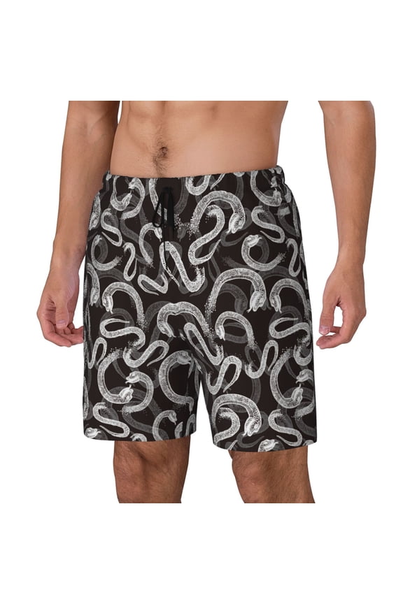 Hand Drawn Snake Print Men's Double Layer Sports Swim Trunks, Quick Dry Adjustable Waist Swim Shorts Swimwear-Large