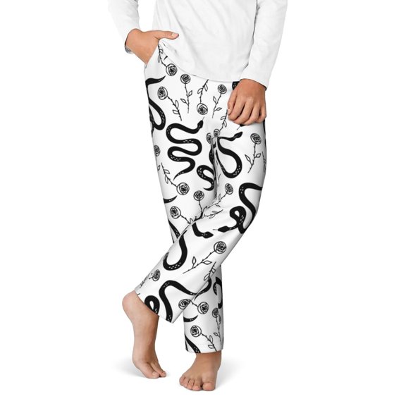 Gukieu Hand Drawn Snake Print Youth Home Trousers, Elastic Waistband with Pockets for Home and Outing, Suitable for Children Aged 5-16-Medium