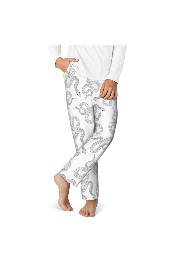 Hand Drawn Snake Print Youth Home Trousers, Elastic Waistband with Pockets for Home and Outing, Suitable for Children Aged 5-16-Medium