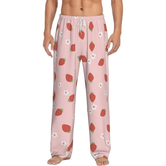 Gukieu Hand Drawn Strawberry Print Men's Home Trousers, Elastic Drawstring Home Pajamas Clothing Suitable for Adult Men-Large