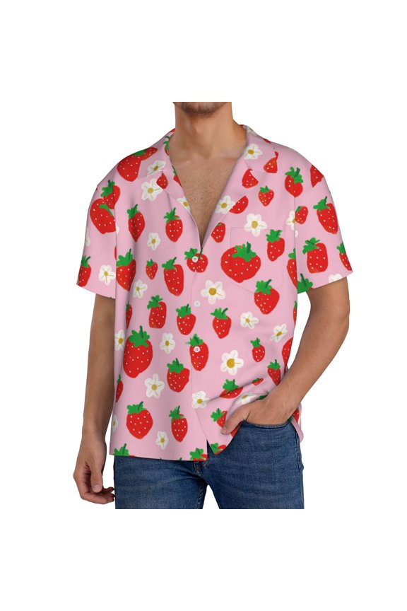 Hand Drawn Strawberry Print Men's Short-sleeved Shirts, Button-down Pocket Shirts, T-shirts, Beach Vacation Travel Summer Clothing-Medium