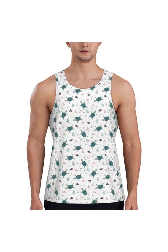 Hand Drawn Turtle Print Men's Quick Dry Fitness Vest, Round Neck Sleeveless Fitness Bodybuilding Top-3X-Large