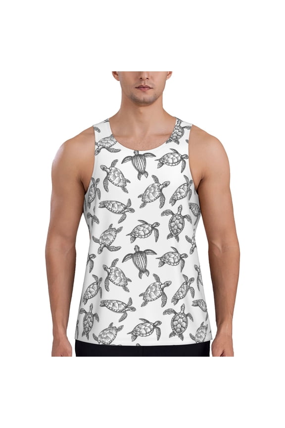 Hand Drawn Turtle Print Men's Quick Dry Fitness Vest, Round Neck Sleeveless Fitness Bodybuilding Top-4X-Large